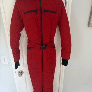 Ski Red Quilted Jumpsuit with Black Accents